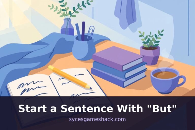 Illustration of a writing desk with an open notebook, pencil and grammar books
