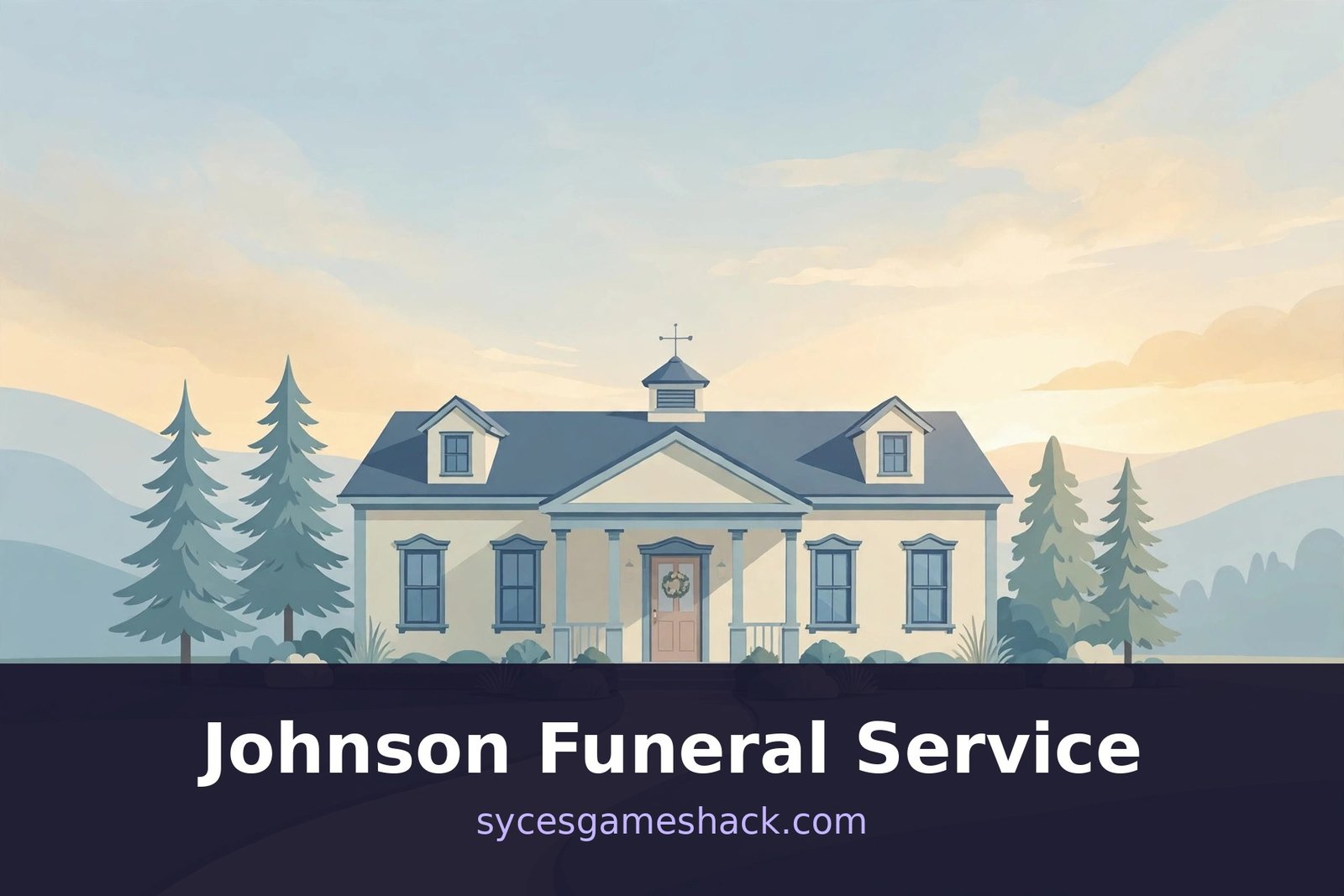 Illustration of a peaceful funeral home building with trees and a sunrise sky