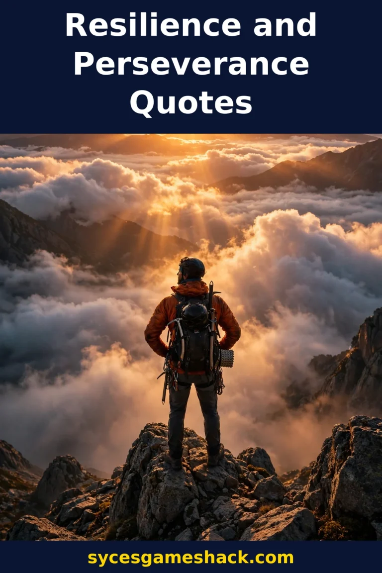 Resilience and perseverance quotes featured image with a climber on a mountain peak at sunrise, sycesgameshack.com